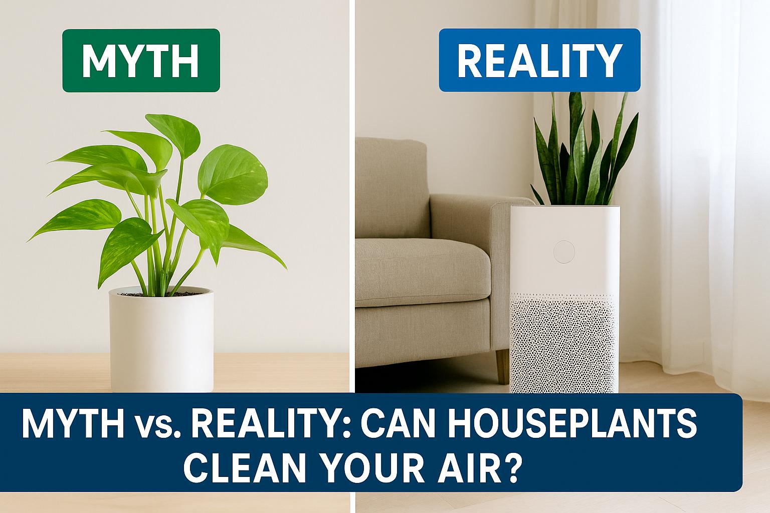 Side-by-side comparison of the myth and reality about air-purifying plants, featuring a pothos plant labeled ‘Myth’ and a snake plant beside an air purifier labeled ‘Reality’, explaining the truth about whether houseplants really clean bedroom air.